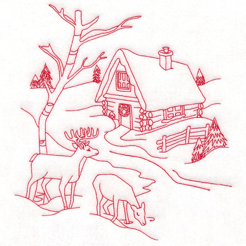 Classic Christmas Scene – Cottage (Redwork)