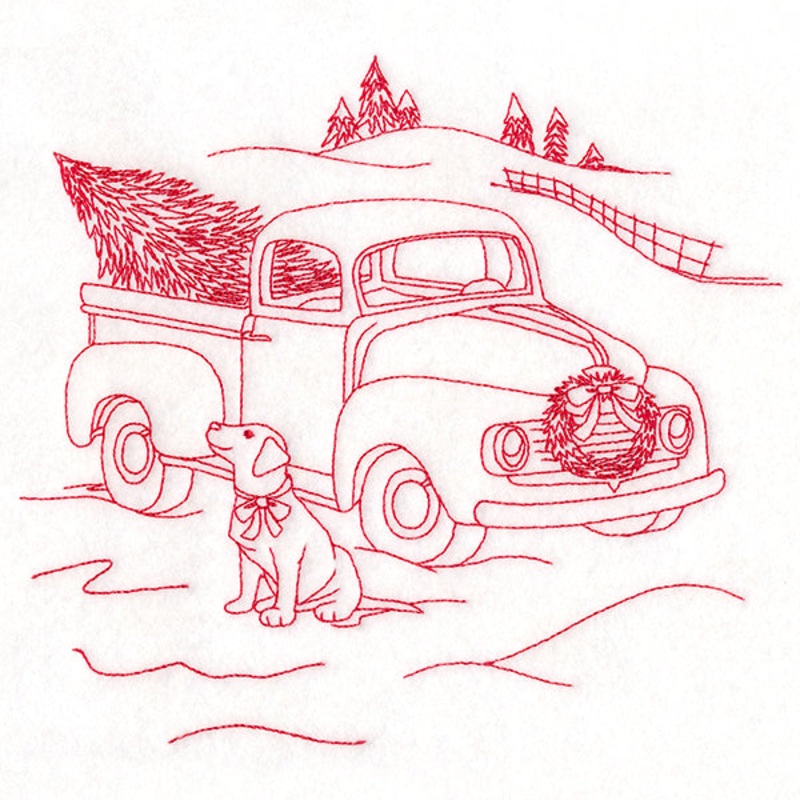 Classic Christmas Scene – Retro Truck with Pup (Redwork)