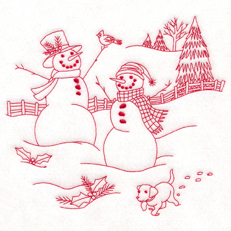 Classic Christmas Scene – Snowmen with Pup (Redwork)