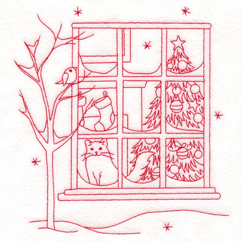 Classic Christmas Scene – Window (Redwork)