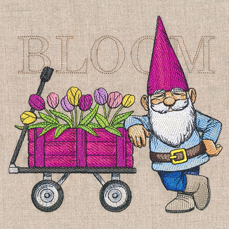 Spring Gnome with Tulip Wagon|6.85″ x 7.43″ / 173.99mm x 188.72mm|5.85″ x 6.35″ / 148.58mm x 161.19mm|4.85″ x 5.26″ / 123.19mm x 133.66mm|3.55″ x 3.85″ / 90.07mm x 97.73mm|All Sizes