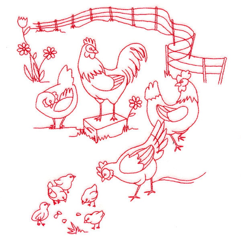 Classic Farm Scene – Chickens (Redwork)
