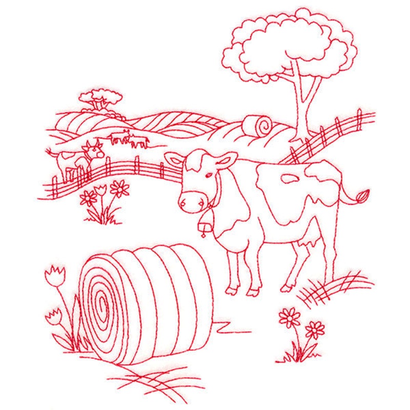 Classic Farm Scene – Cows (Redwork)