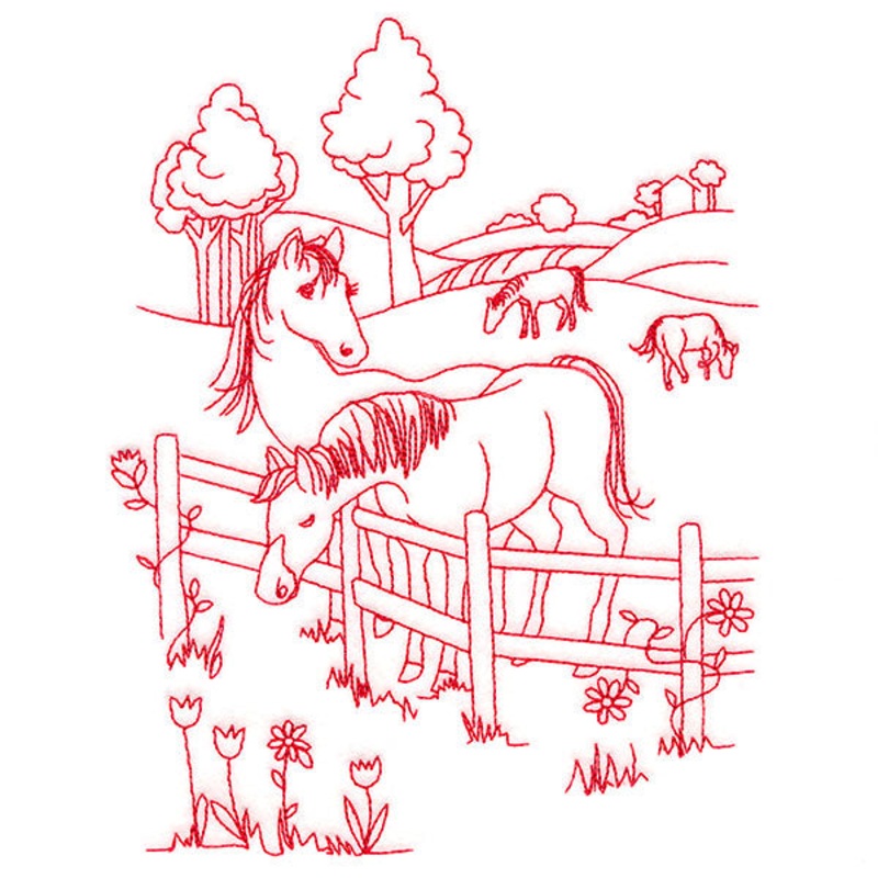Classic Farm Scene – Horses (Redwork)