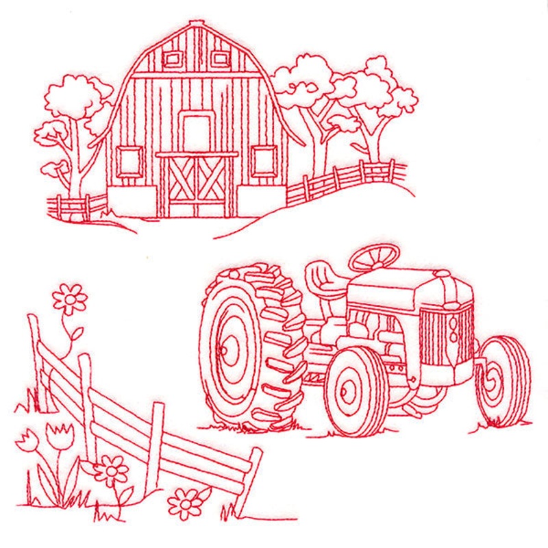 Classic Farm Scene – Tractor (Redwork)