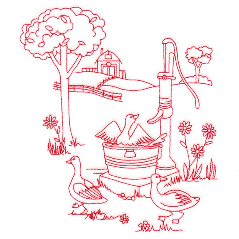 Classic Farm Scene – Water Pump (Redwork)