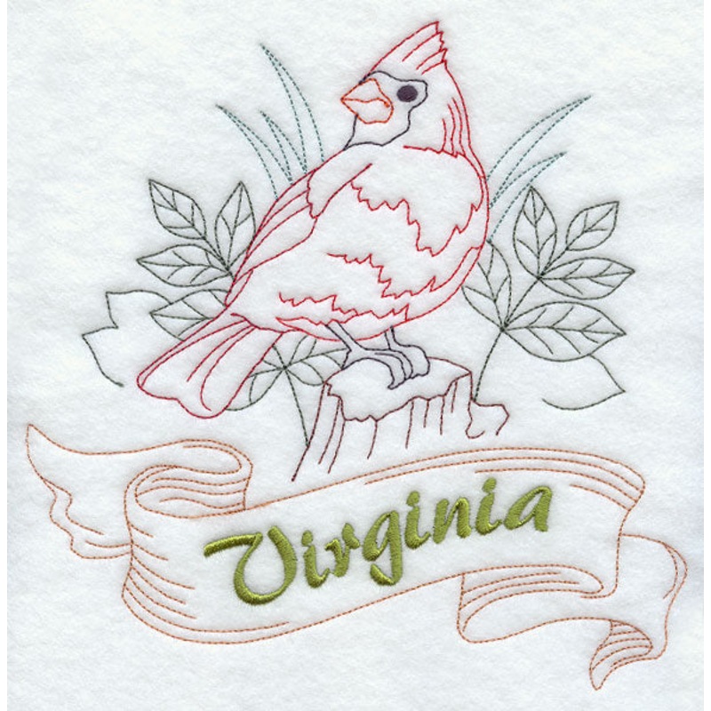 Virginia – Cardinal (Redwork)|7.8″ x 7.8″ / 198.12mm x 198.1mm|5.85″ x 5.85″ / 148.59mm x 148.51mm|4.85″ x 4.85″ / 123.19mm x 123.12mm|3.85″ x 3.85″ / 97.79mm x 97.77mm|6.89″ x 6.89″ / 174.95mm x 174.88mm|All Sizes