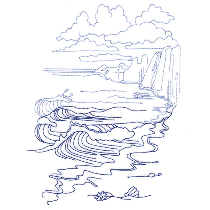 Classic Beach Scene – Cliffside Waves (Bluework)