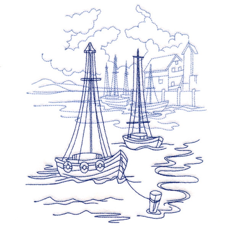 Classic Beach Scene – Harbor (Bluework)