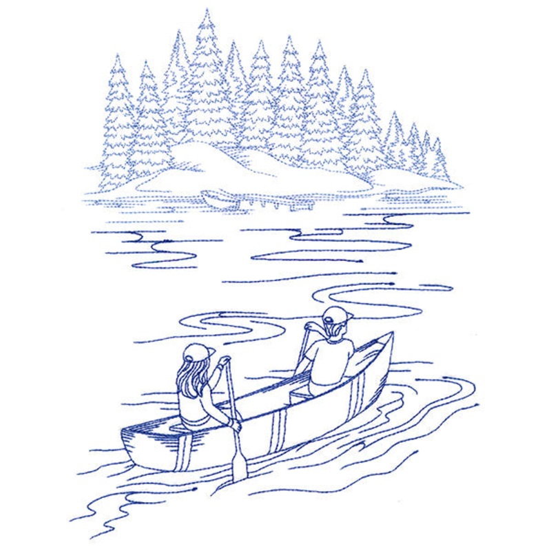 Classic Camping Scene – Canoeing (Bluework)