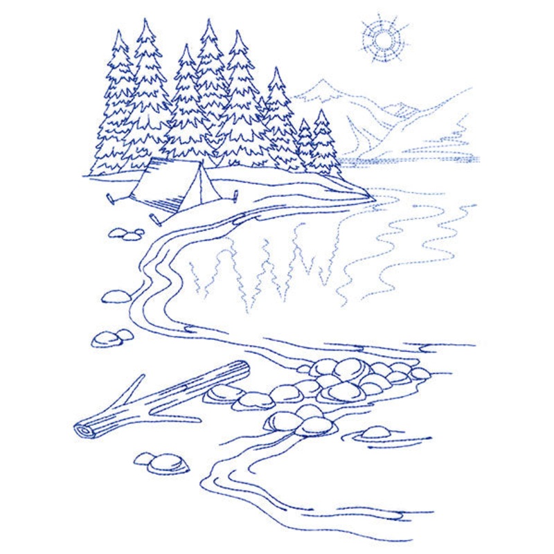 Classic Camping Scene – Lakeside (Bluework)