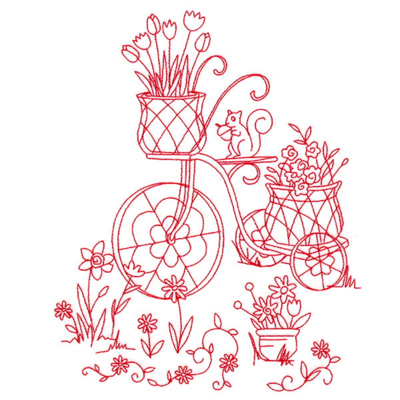 Classic Garden Scene – Bicycle (Redwork)