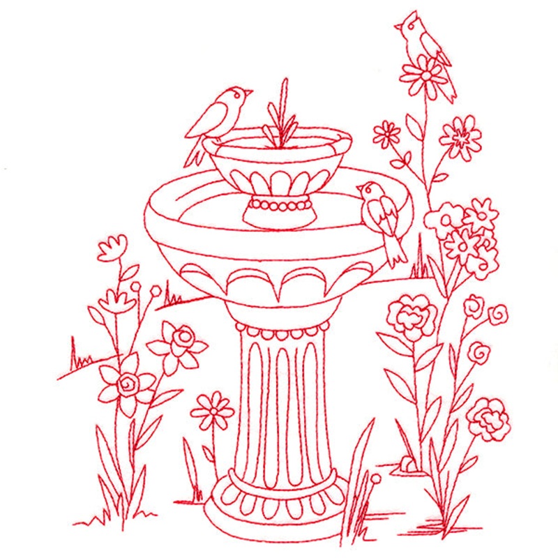 Classic Garden Scene – Bird Bath (Redwork)