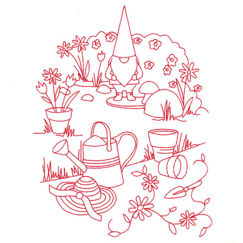 Classic Garden Scene – Gnome (Redwork)
