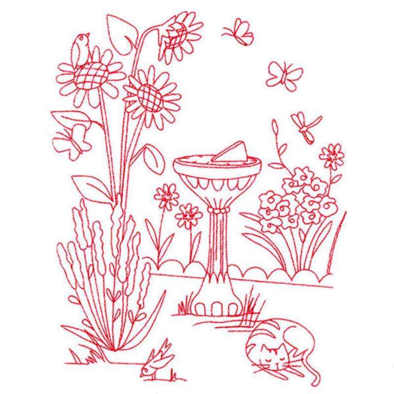 Classic Garden Scene – Sundial (Redwork)