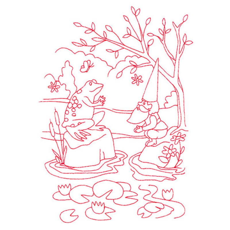 Magical Gnome Scene – At the Pond (Redwork)