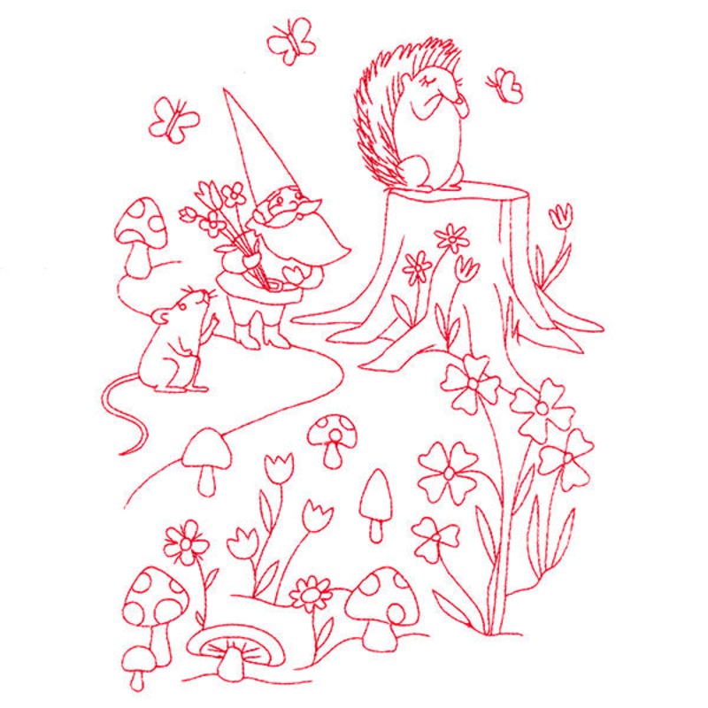 Magical Gnome Scene – Gathering with Friends (Redwork)