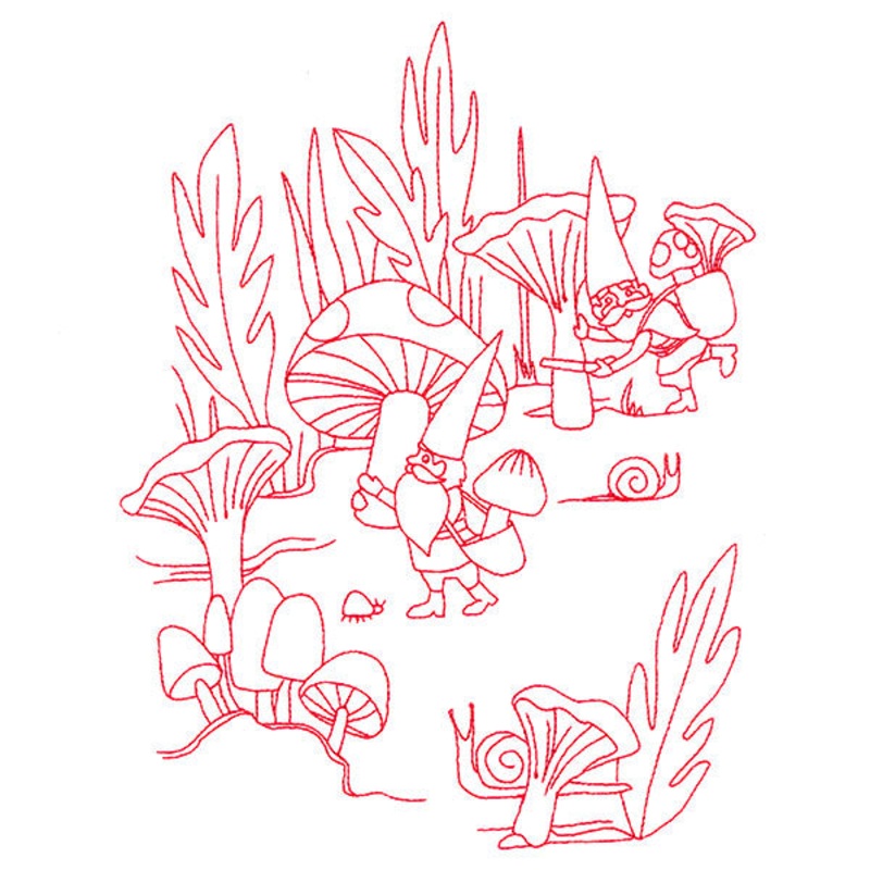 Magical Gnome Scene – Harvesting Mushrooms (Redwork)