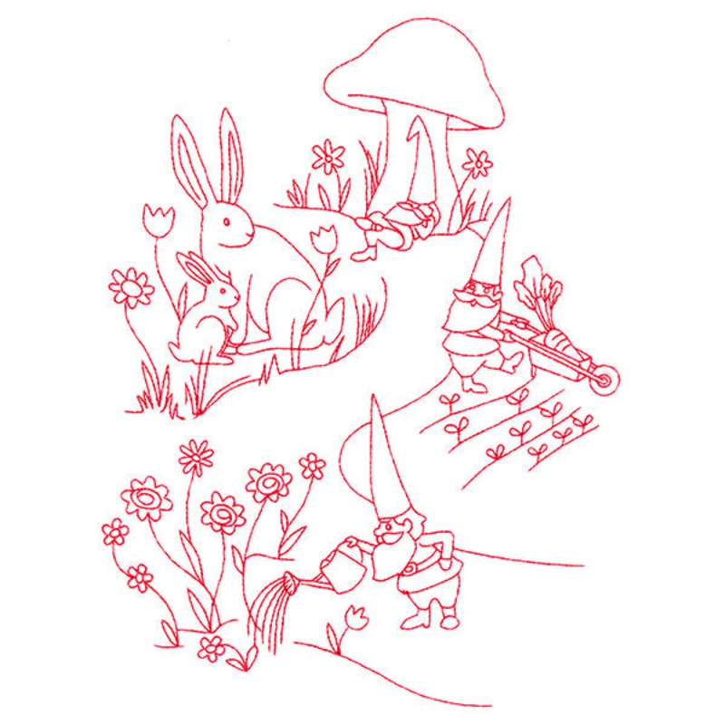 Magical Gnome Scene – In the Garden (Redwork)