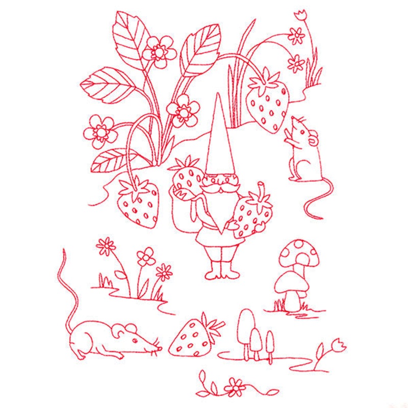 Magical Gnome Scene – Picking Strawberries (Redwork)