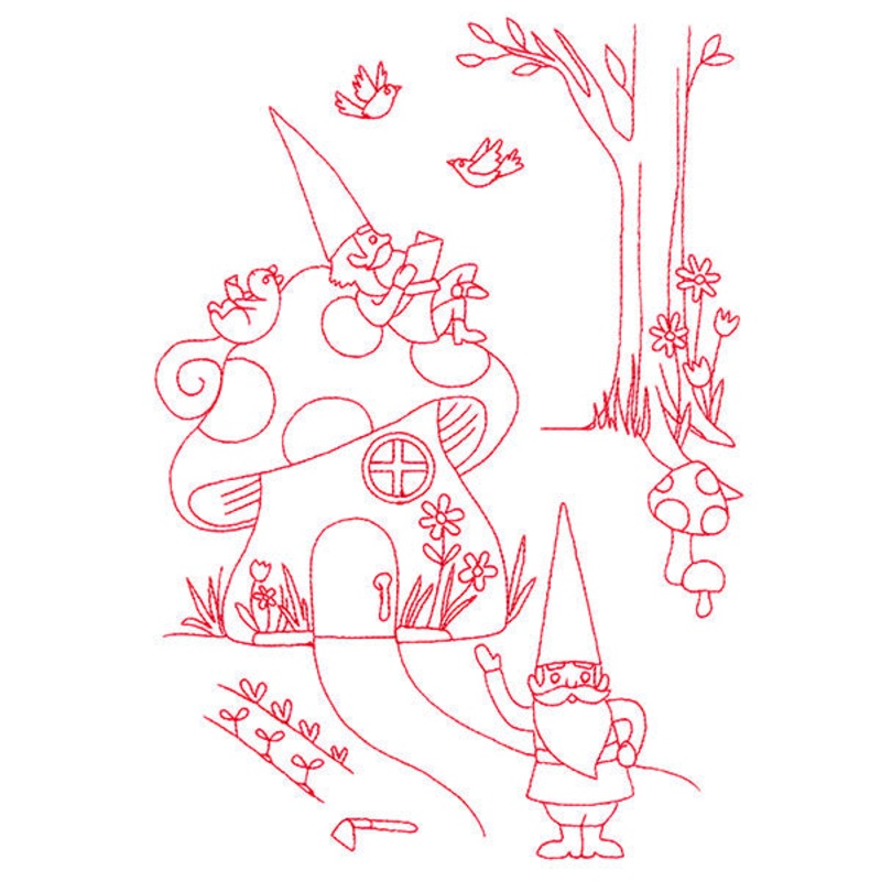 Magical Gnome Scene – Resting at Home (Redwork)