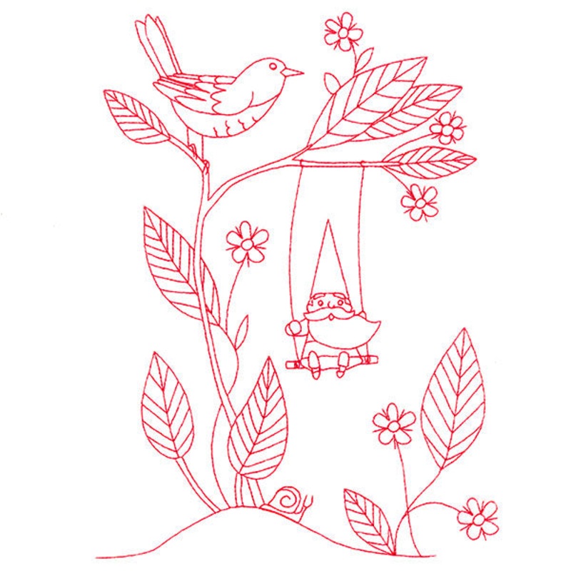 Magical Gnome Scene – Swinging (Redwork)