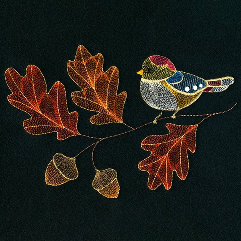 Autumn Treasures – Dazzling Bird and Oak Leaves