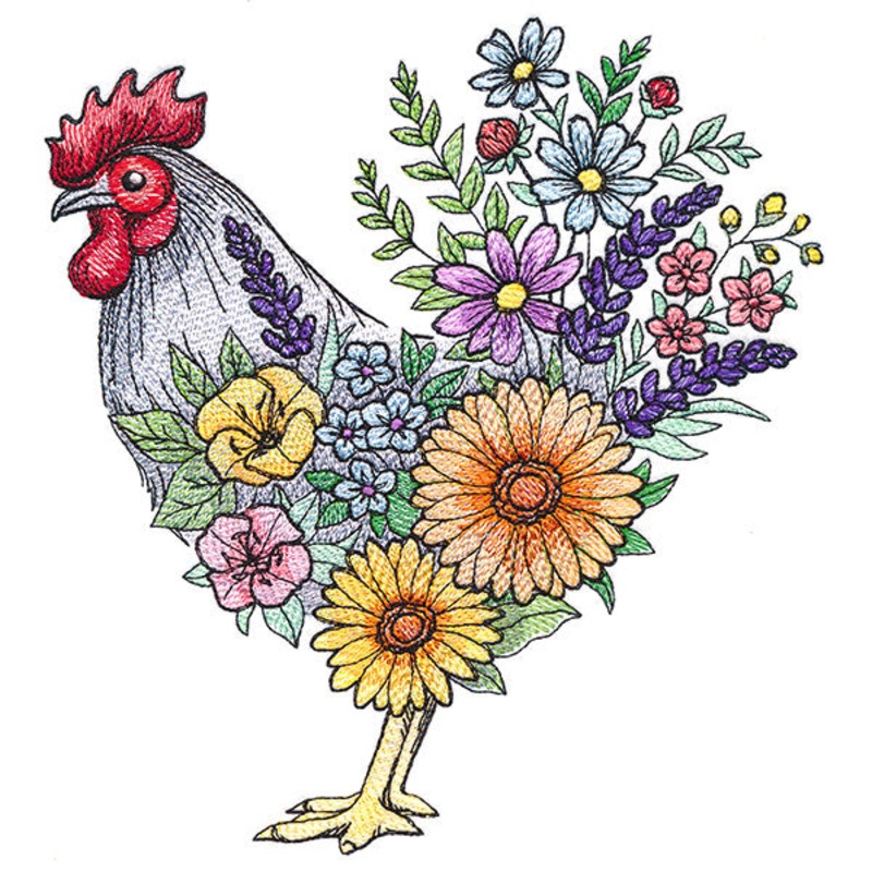 Blossoming Rooster in Flowers|7.79″ x 7.26″ / 197.87mm x 184.4mm|7.02″ x 6.54″ / 178.19mm x 166.2mm|6.26″ x 5.84″ / 159.1mm x 148.39mm|5.19″ x 4.84″ / 131.9mm x 123.04mm|All Sizes