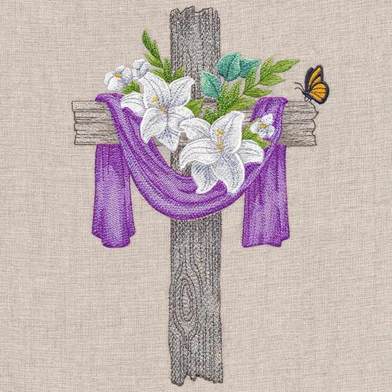 Lilies on the Cross|10.19″ x 6.9″ / 258.83mm x 175.26mm|8.64″ x 5.85″ / 219.47mm x 148.66mm|7.8″ x 5.28″ / 198.13mm x 134.22mm|6.86″ x 4.65″ / 174.26mm x 118.06mm|All Sizes