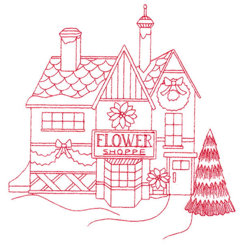 Christmas Village Scenes – Flower Shop (Redwork)