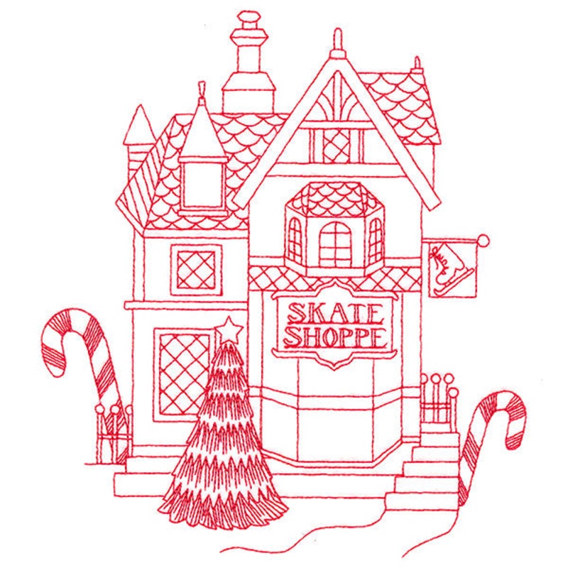 Christmas Village Scenes – Skate Shop (Redwork)