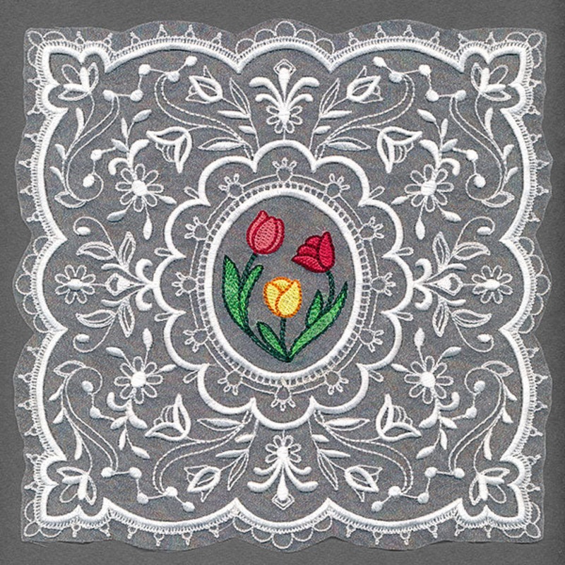 Dainty Tulips Doily (Organza)|7.78″ x 7.78″ / 197.6mm x 197.6mm|6.88″ x 6.88″ / 174.74mm x 174.74mm|5.85″ x 5.85″ / 148.57mm x 148.57mm|4.85″ x 4.85″ / 123.18mm x 123.18mm|All Sizes