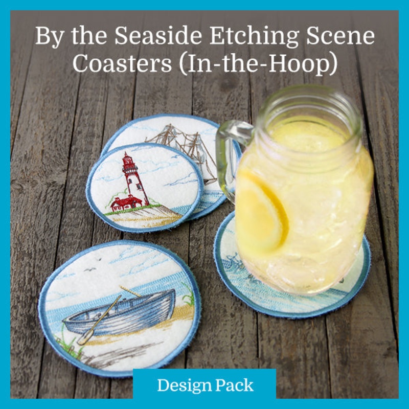 A By the Seaside Etching Scene Coasters (In-the-Hoop) Design Pack