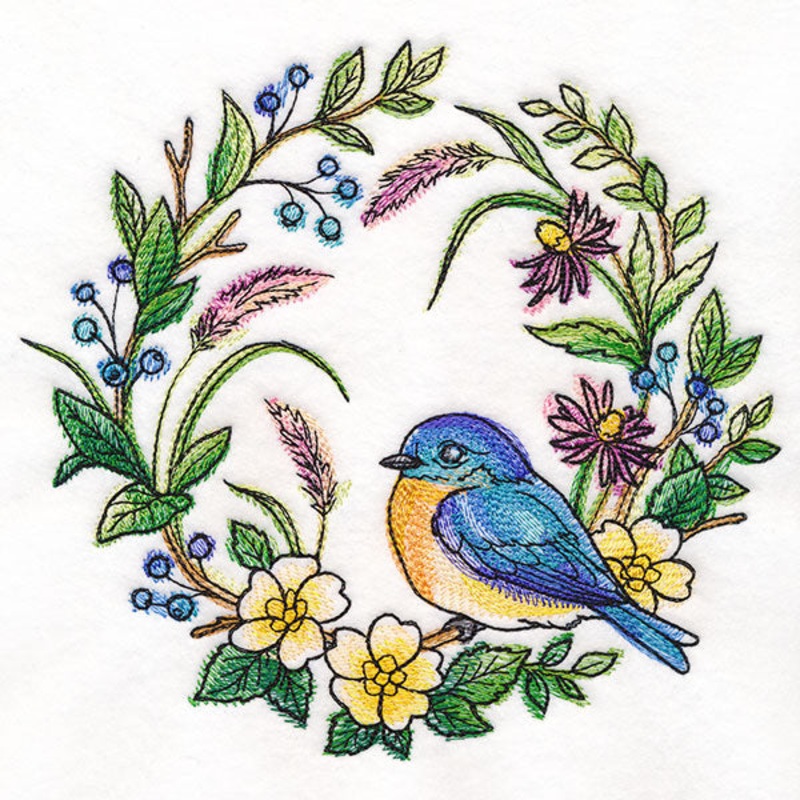 Bluebird in Flowers Wreath|6.85″ x 7.28″ / 173.99mm x 184.84mm|5.85″ x 6.22″ / 148.59mm x 157.86mm|4.85″ x 5.15″ / 123.23mm x 130.88mm|All Sizes