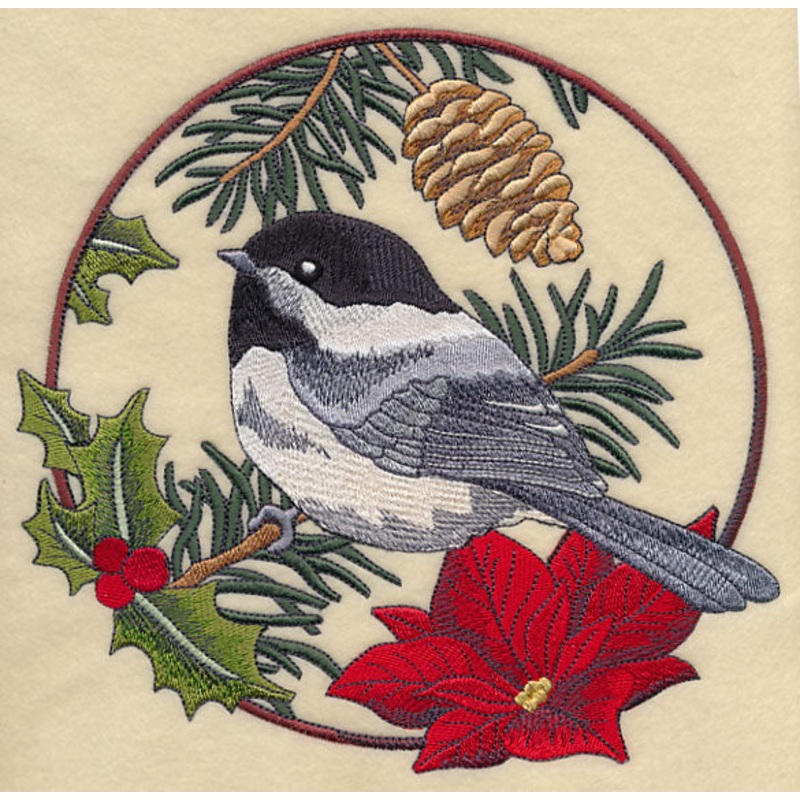Chickadee in Christmas Blooms|7.65″ x 7.79″ / 194.31mm x 197.87mm|6.91″ x 7.05″ / 175.51mm x 179.07mm|5.86″ x 5.98″ / 148.84mm x 151.89mm|4.78″ x 4.87″ / 121.41mm x 123.7mm|3.78″ x 3.84″ / 96.01mm x 97.54mm|All Sizes