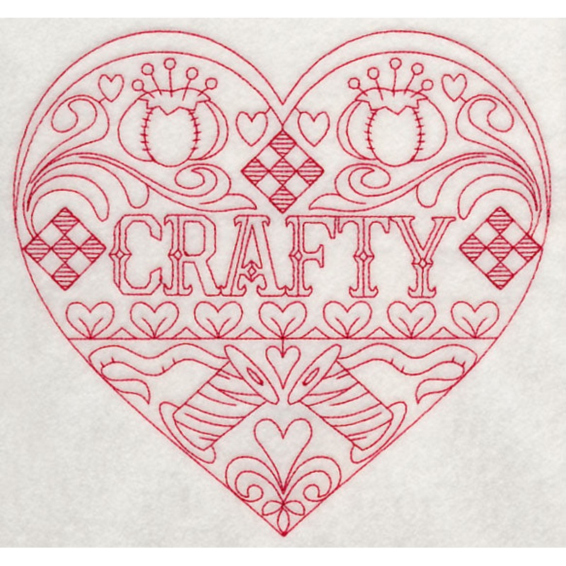 Crafty Heart (Redwork)|7.29″ x 7.8″ / 185.17mm x 198.09mm|6.9″ x 7.38″ / 175.24mm x 187.45mm|5.85″ x 6.26″ / 148.57mm x 158.93mm|4.85″ x 5.19″ / 123.17mm x 131.76mm|All Sizes
