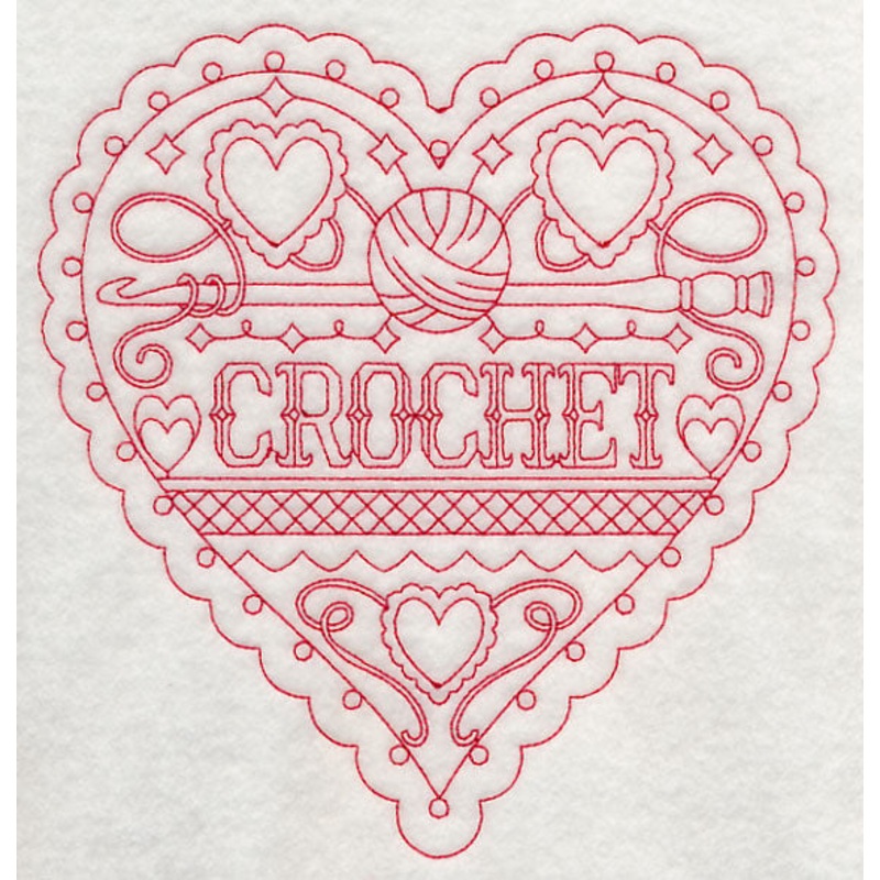 Crochet Heart (Redwork)|7.8″ x 7.53″ / 198.09mm x 191.38mm|7.14″ x 6.9″ / 181.38mm x 175.21mm|6.05″ x 5.85″ / 153.78mm x 148.55mm|5.02″ x 4.85″ / 127.43mm x 123.09mm|All Sizes