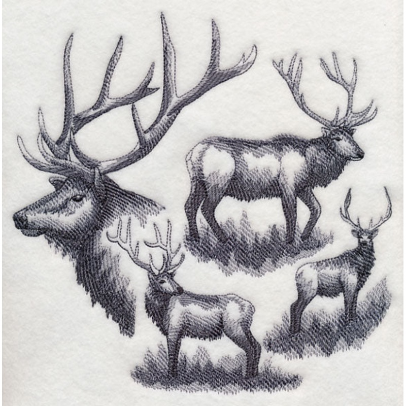 Elk Sketch|7.79″ x 7.77″ / 197.96mm x 197.31mm|6.94″ x 6.9″ / 176.17mm x 175.26mm|5.94″ x 5.9″ / 150.97mm x 149.94mm|4.93″ x 4.9″ / 125.22mm x 124.54mm|All Sizes