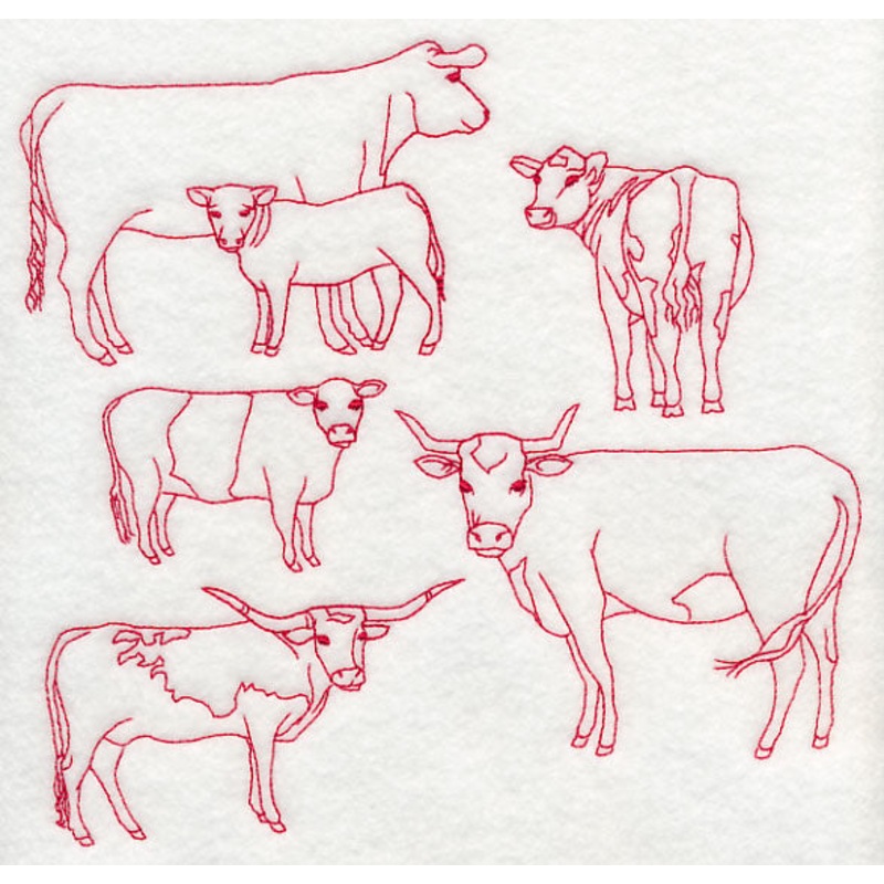 Cattle Medley (Redwork)|7.46″ x 7.8″ / 189.43mm x 198.04mm|6.9″ x 7.21″ / 175.15mm x 183.13mm|5.85″ x 6.11″ / 148.49mm x 155.28mm|4.85″ x 5.07″ / 123.1mm x 128.69mm|All Sizes