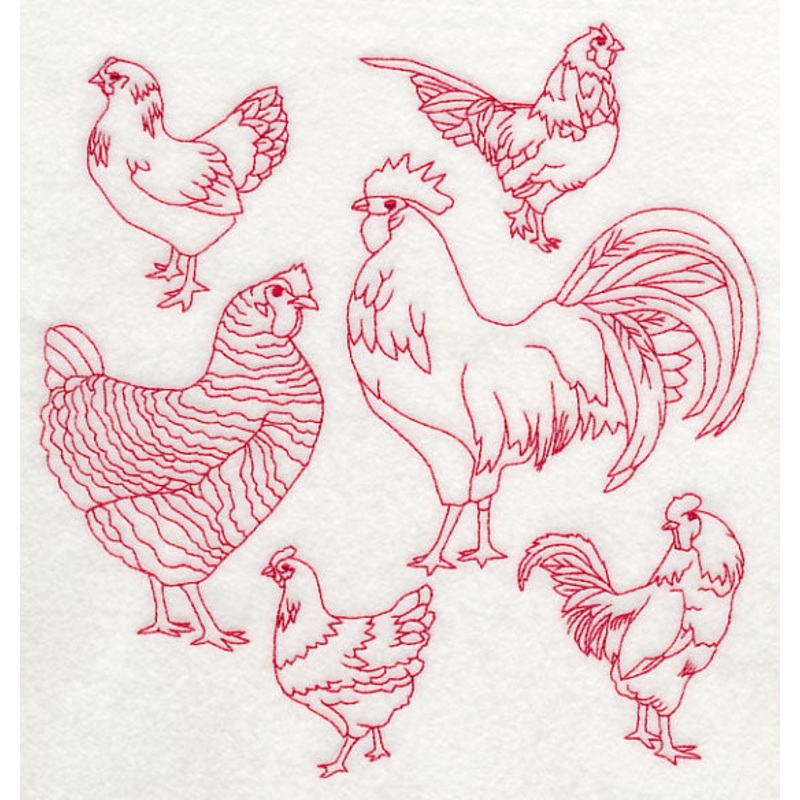 Chicken Medley (Redwork)|7.8″ x 7.37″ / 198.02mm x 187.15mm|7.3″ x 6.9″ / 185.34mm x 175.18mm|6.2″ x 5.86″ / 157.41mm x 148.73mm|5.13″ x 4.84″ / 130.31mm x 123.06mm|All Sizes