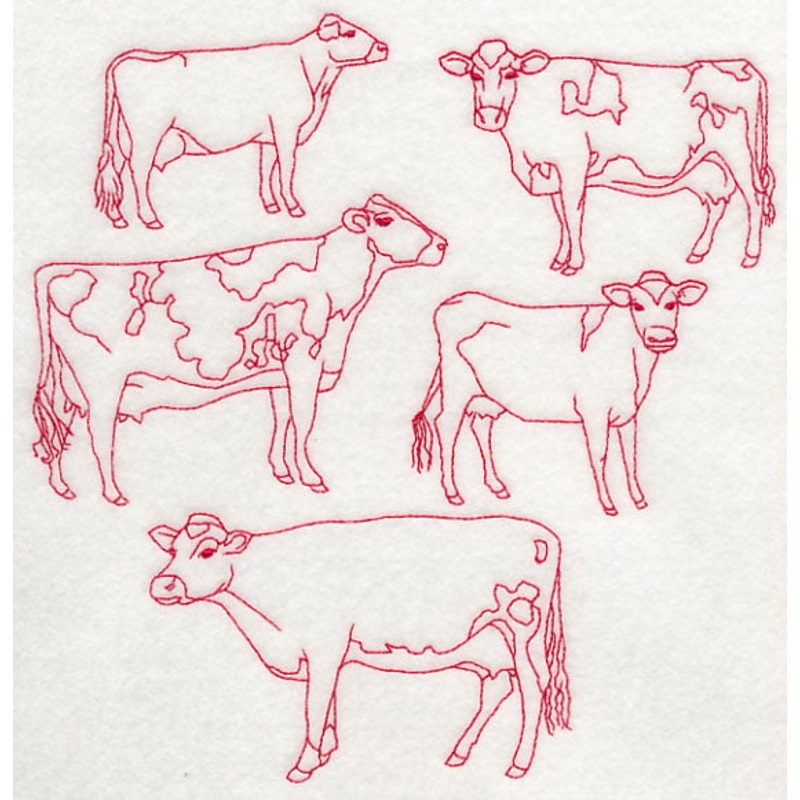 Dairy Cow Medley (Redwork)|7.8″ x 7.58″ / 198.05mm x 192.63mm|7.09″ x 6.9″ / 180.1mm x 175.21mm|6.01″ x 5.85″ / 152.66mm x 148.53mm|4.99″ x 4.85″ / 126.63mm x 123.19mm|All Sizes