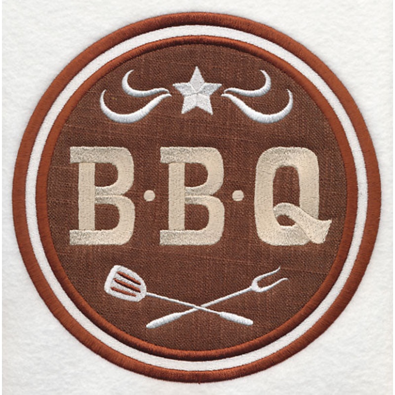 BBQ Crest (Applique)|7.76″ x 7.78″ / 197mm x 197.6mm|6.89″ x 6.91″ / 174.9mm x 175.6mm|5.86″ x 5.88″ / 148.76mm x 149.37mm|4.86″ x 4.88″ / 123.53mm x 124.04mm|3.86″ x 3.88″ / 98.02mm x 98.43mm|All Sizes