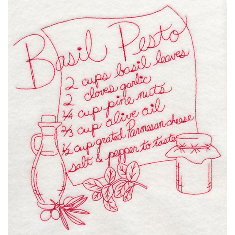 Basil Pesto (Redwork)|7.8″ x 7.27″ / 198.12mm x 184.77mm|7.4″ x 6.9″ / 187.92mm x 175.26mm|6.27″ x 5.85″ / 159.32mm x 148.59mm|5.2″ x 4.85″ / 132.08mm x 123.18mm|All Sizes