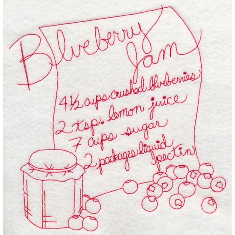 Blueberry Jam (Redwork)|7.8″ x 7.56″ / 198.06mm x 192.05mm|7.12″ x 6.9″ / 180.76mm x 175.22mm|6.03″ x 5.85″ / 153.18mm x 148.55mm|5″ x 4.85″ / 126.96mm x 123.12mm|All Sizes