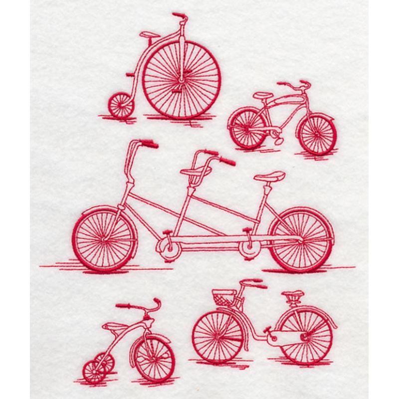 Antique Bicycles (Redwork)|8.13″ x 6.9″ / 206.61mm x 175.15mm|7.7″ x 6.53″ / 195.69mm x 165.9mm|6.88″ x 5.83″ / 174.7mm x 148.08mm|5.68″ x 4.81″ / 144.19mm x 122.17mm|All Sizes