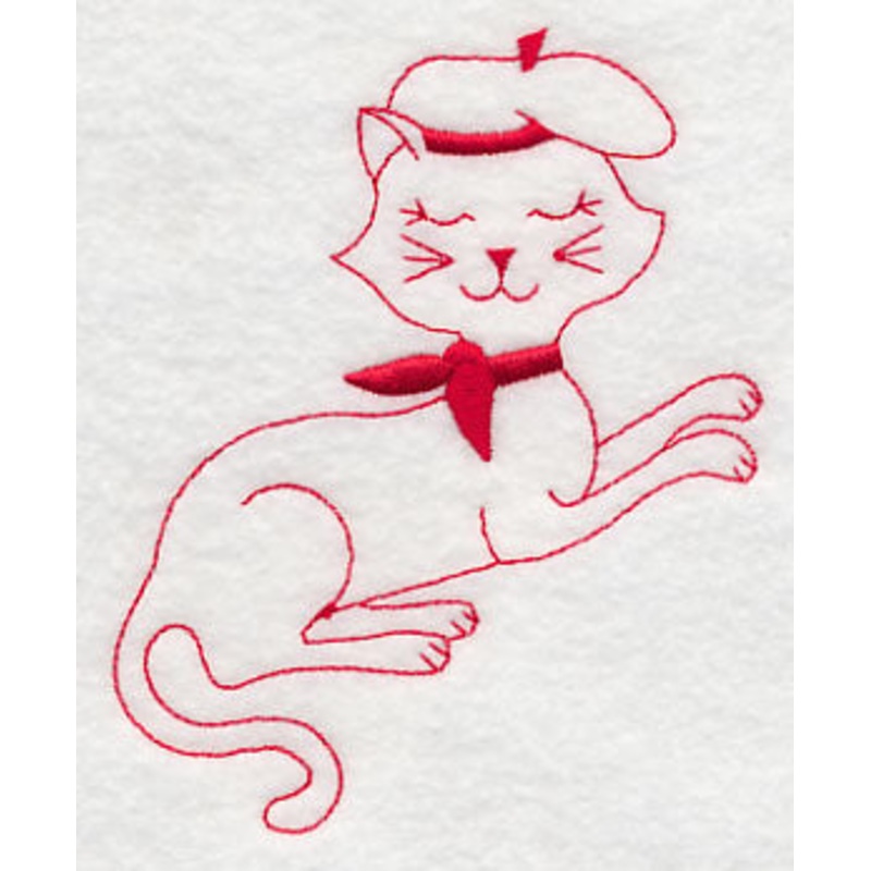 French Feline 1 (Redwork)|4.45″ x 3.69″ / 113.12mm x 93.72mm|2.69″ x 2.23″ / 68.44mm x 56.63mm|All Sizes