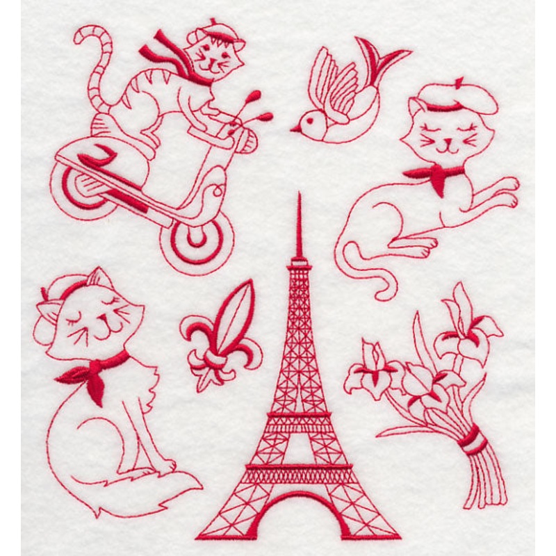 French Felines (Redwork)|7.8″ x 7.27″ / 198.02mm x 184.77mm|7.4″ x 6.9″ / 187.85mm x 175.24mm|6.27″ x 5.85″ / 159.32mm x 148.55mm|5.18″ x 4.82″ / 131.47mm x 122.52mm|All Sizes