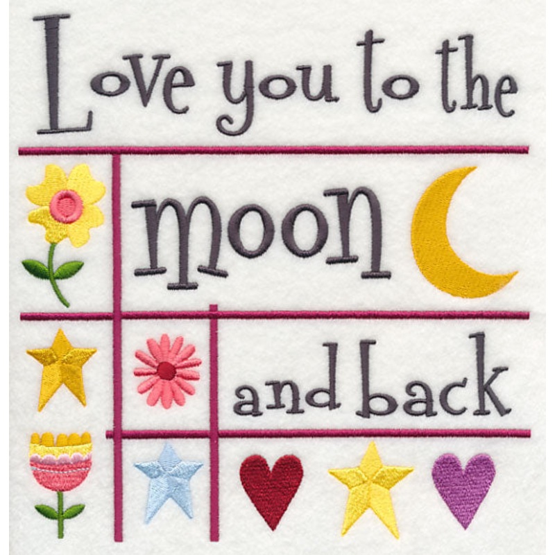 Love You to the Moon and Back|7.8″ x 7.56″ / 198.13mm x 192.03mm|7.12″ x 6.9″ / 180.87mm x 175.26mm|6.04″ x 5.85″ / 153.39mm x 148.6mm|4.99″ x 4.83″ / 126.66mm x 122.66mm|All Sizes