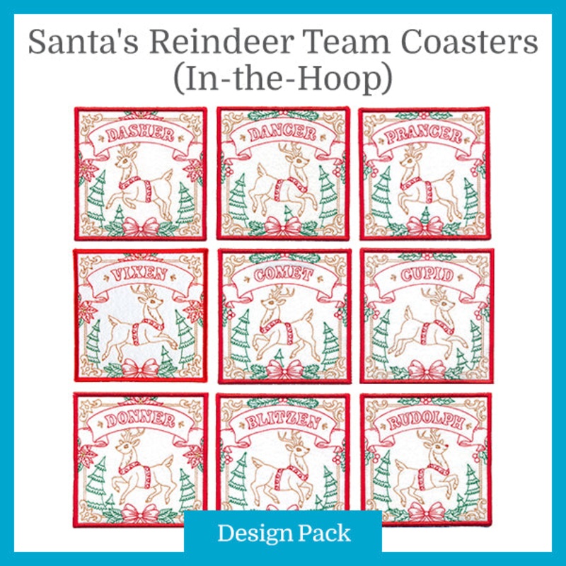 A Santa’s Reindeer Team Coasters (In-the-Hoop) Design Pack