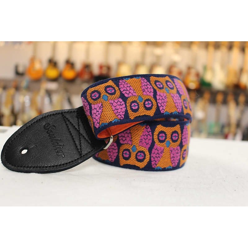 Souldier Owls Orange Guitar Strap with black leather ends *Free Shipping in the USA*